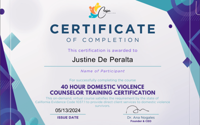 40 HOURS DOMESTIC VIOLENCE COUNSELOR TRAINING CERTIFICATION