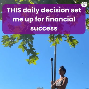 Daily decision for financial success - woman outdoors standing under a tree with text overlay promoting a financially empowering routine