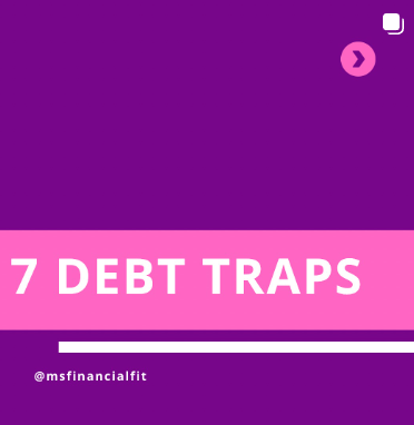 7 Debt Traps to Avoid - bold text on a purple and pink graphic educating women on common financial pitfalls