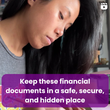 Secure financial documents - woman organizing important documents with text promoting safe and hidden financial storage practices